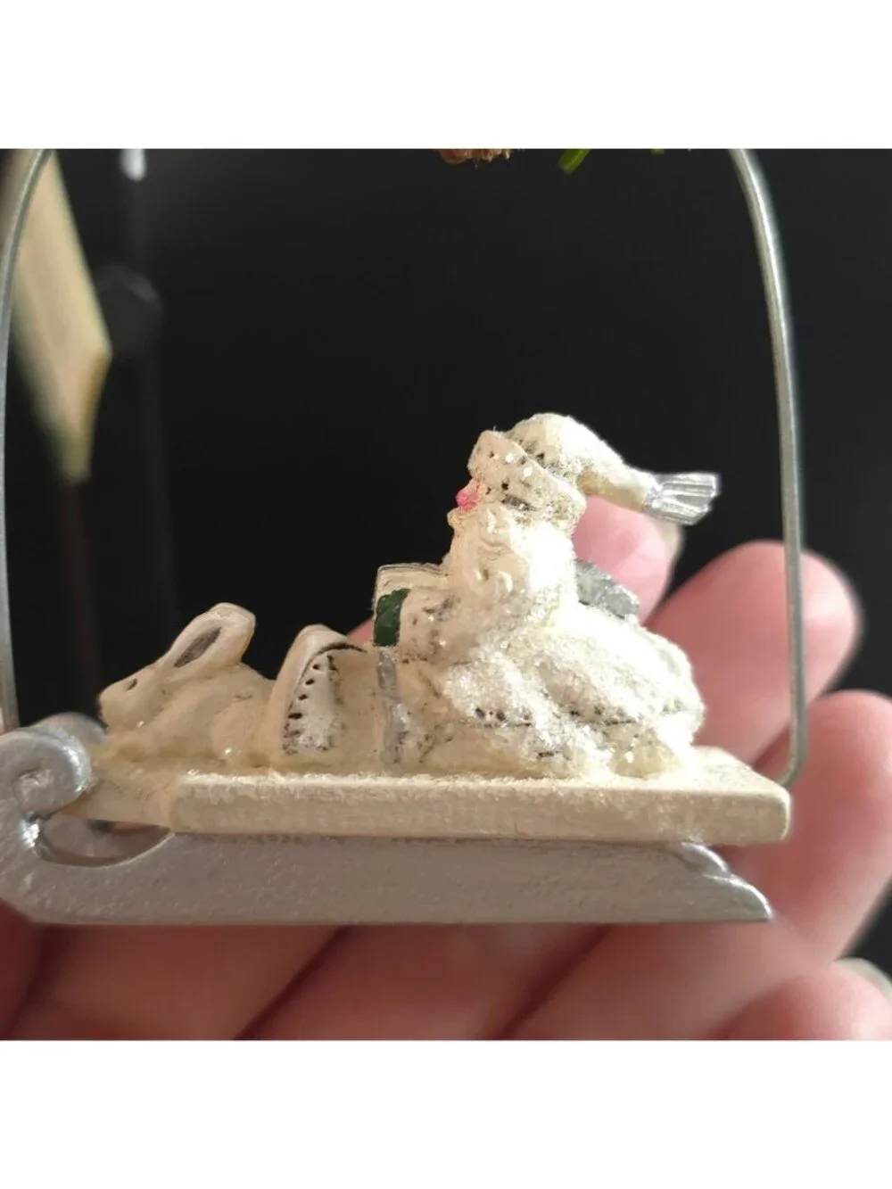 NWT Pam Schifferl Winter White Santa Pinecone Sled Rabbit Christmas Ornament